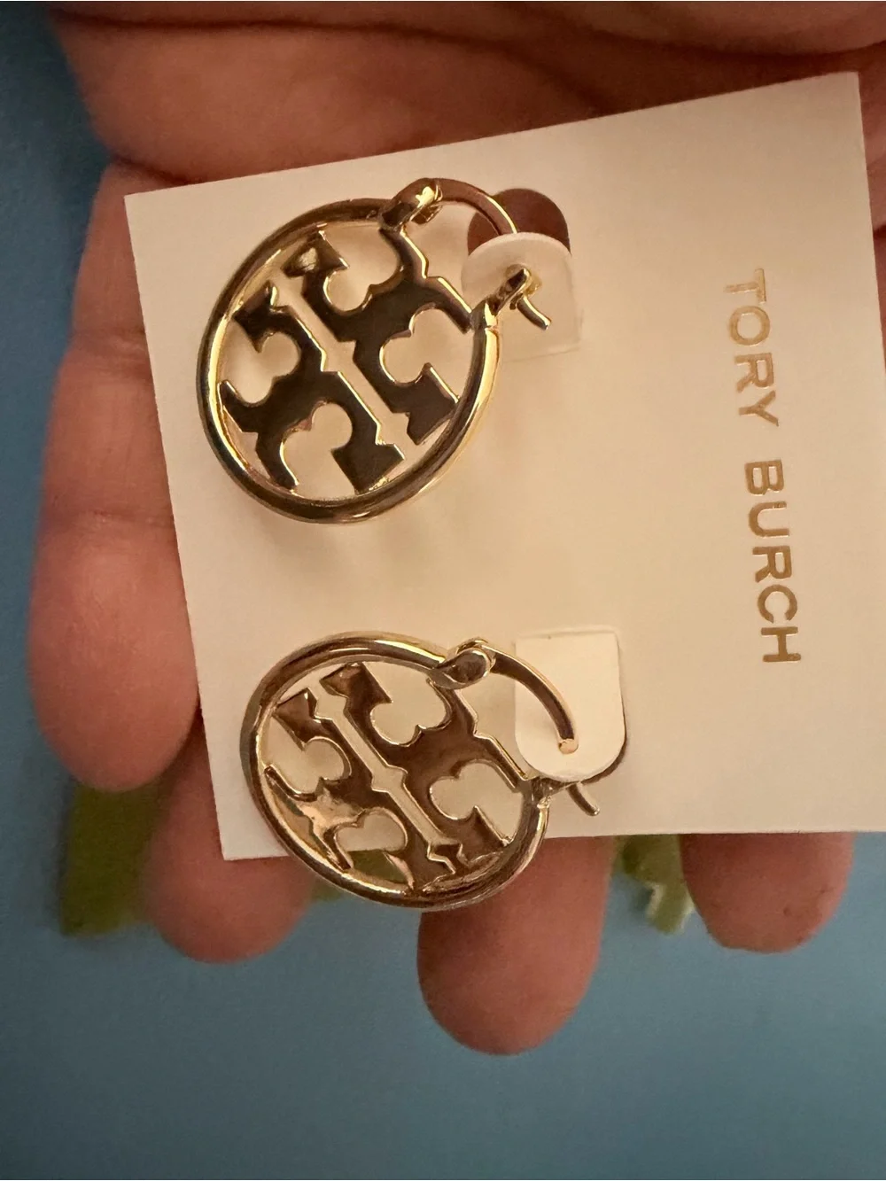 Tory Burch small Shiny Gold Logo Hoop Earrings